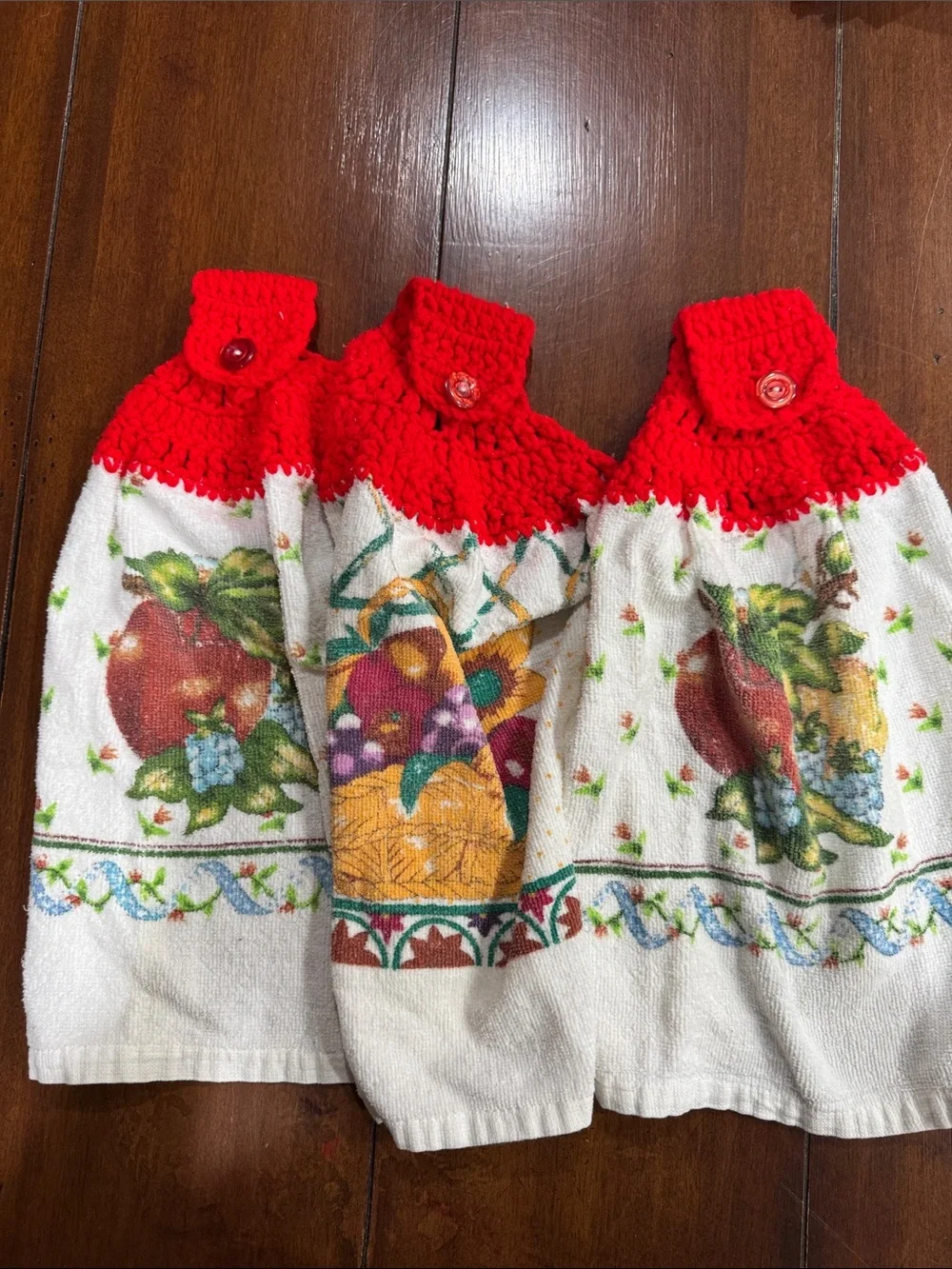 Set of 3 Hanging Kitchen Dish Towels Hand Crochet Button Topper Cottagecore
